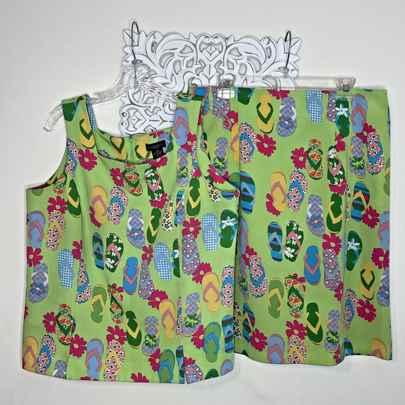COURTENAY Stretch Dresses & Skirts - COURTENAY Stretch Women's 14 Tank Top & Skirt 2-Piece Set Flip Flop Print GREEN